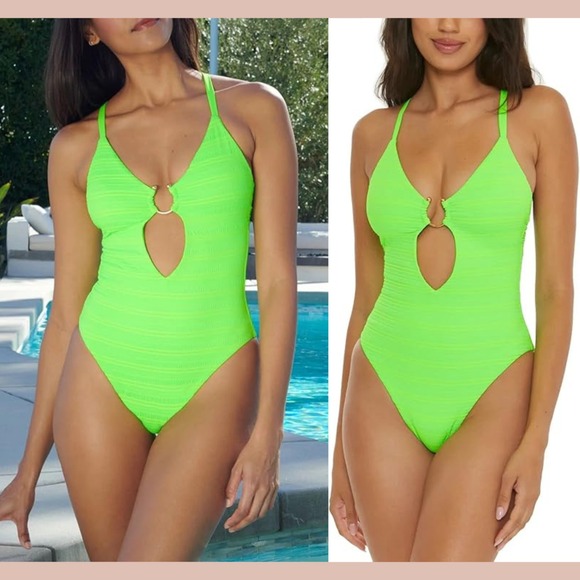 NWD Becca [ Large ] Coast Ariyah Cutout Plunge One Piece Swimsuit LimeGreen 6946